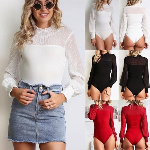 Mesh Hollow Slim Bodysuits Autumn Women Sexy Club Outfits V-Neck Long Sleeve Body Tops Rompers Casual Buttons Bodysuit
