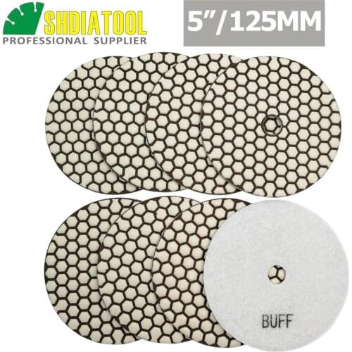 SHDIATOOL 8pcs 125mm/5" Diamond White BUFF Diamond Dry Polishing Pads Flexible Stone Granite Marble Tile Ceramic Sanding Disc
