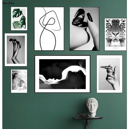Modern Sexy Women Lip Gloss Nordic Plant Lion Black White Poster Print Canvas Painting Wall Art Pictures Living Room Home Decor