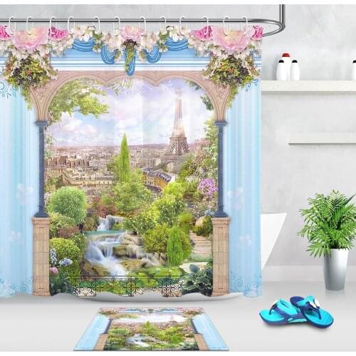 Europe Arch Flower Shower Curtain Set With Rug Paris Scenery Bathroom Waterproof Eco-Friendly Polyester Fabric For Bathtub Decor