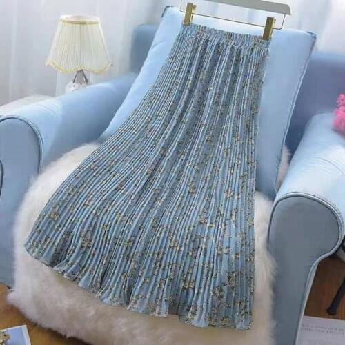 Vintage Floral Printed Chiffon Long Tulle Pleated Casual Midi Women Skirts High Waist Clothes Jupe Korean Fashion Clothing Femme