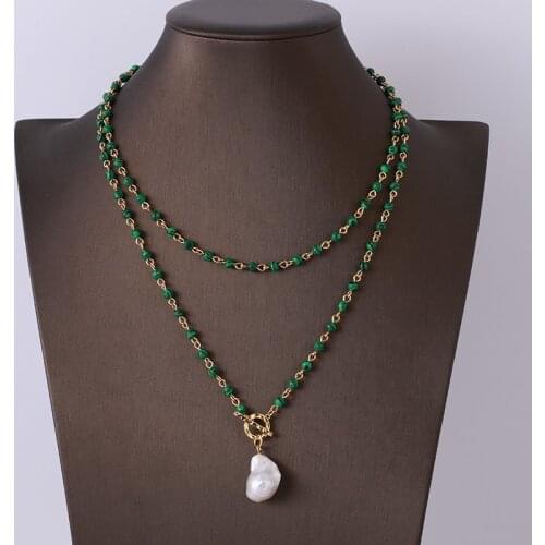 Women long chain gemstone and gold ball chain jewelry necklace with natural baroque pearl pendant