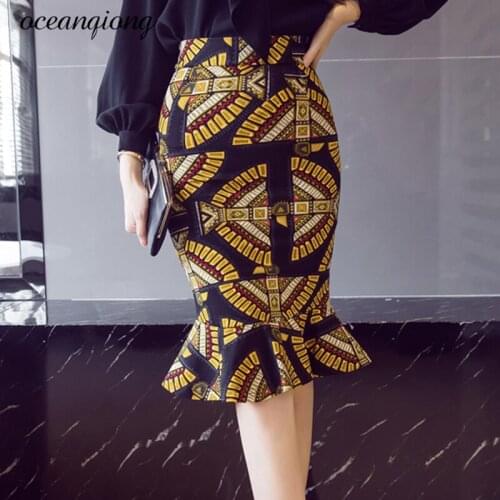 Woman Pencil skirt Spring 2018 Bodycon Casual High Waist Print Fishtail Mermaid Skirt Elegant Fashion Ladies Skirts Plus Size