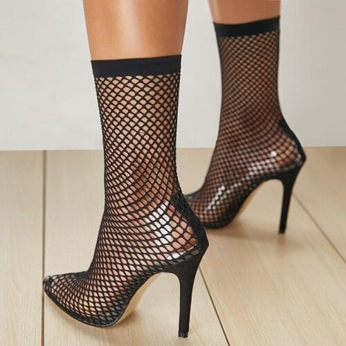 CJDLY 2020 PVC Fashion Transparent Black Mesh Stretch Fabric Sock Boots Thin Heels Pointed Toe Ankle Woman Boot Large size 41 42