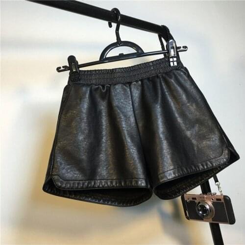 Leather Shorts Women 2019 Autumn WInter Elastic Waist A Linen Wide Leg Shorts 2 Colors Short Trousers Women Drop Shipping