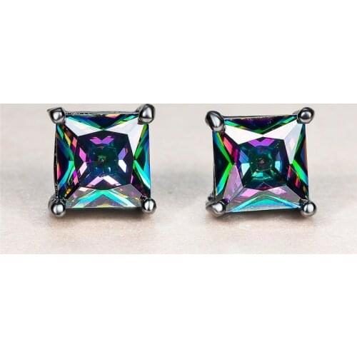 Female Mystic Rainbow Stone Square Zircon Black Gold Stud Earrings For Women Wedding Jewelry Fashion Multicolor Crystal Earrings
