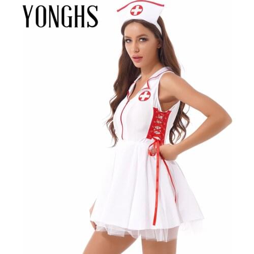 Womens Nurse Cosplay Costume Notched Collar Sleeveless Lace-up Zipper Flared Dress with Hat Halloween Role Play Outfit