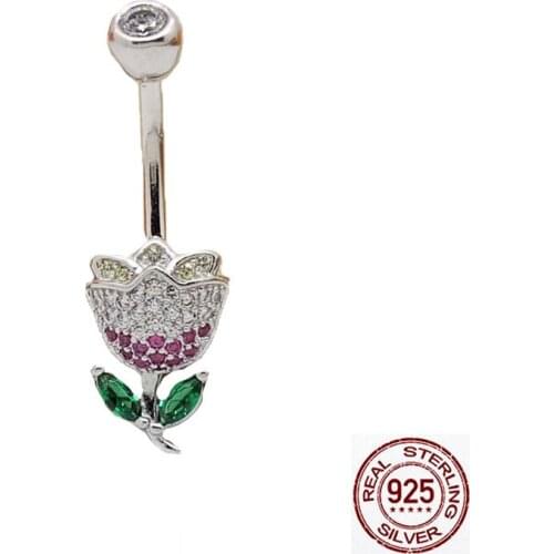 Zircon Rose floral belly button ring barbell navel piercing sterling silver 925 hyboallergenic women body piercing jewelry