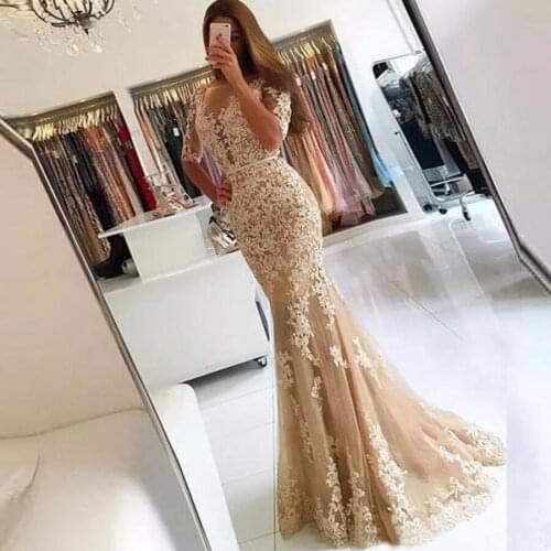 New Listing Elegant Champagne Mermaid Prom Dresses Sexy Tulle Backless Illusion Sleeves Evening Dress Long Formal Gowns