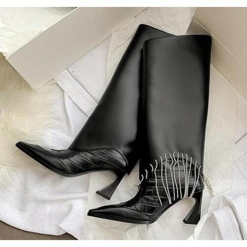 Winter Woman Black Leather Crystal Diamond Fringed Knee High Boots Ladies Square Toe 8 cm Heels Slip On Loose Tube Long Boots