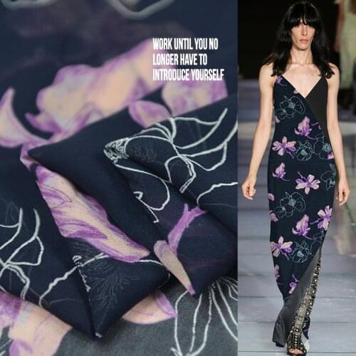 1 Meter Real Silk Georgette Fabric 100% Mulberry Silk Purple Bottom Water Color Flower Printing Cloth Telas