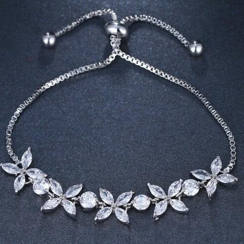 Ekopdee Fashion White Flower Zircon Bracelet For Women Shiny CZ Crystal Adjustable Chain Bracelet Female Bridal Wedding Jewelry