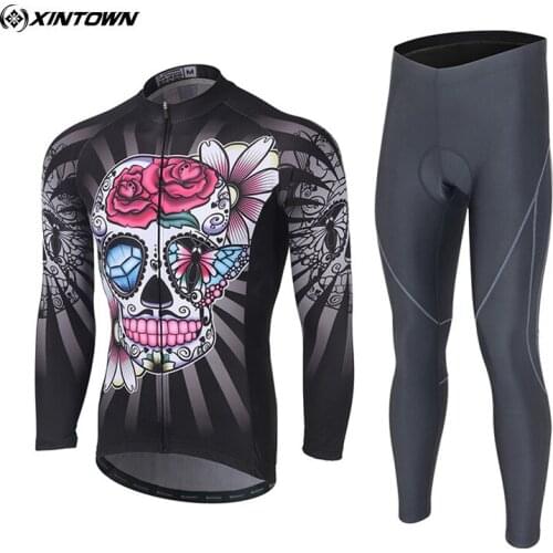 XINTOWN Team Mens Ropa Ciclismo Long Sleeve Clothing Bike Bicycle Cycling Jersey MTB Bike Jersey Bib Pants Set Breathable Skull