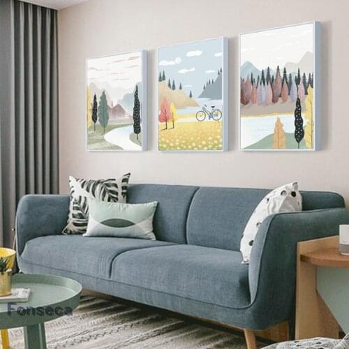 Art Cuadros Decoration Minimalist Cartoon Forest And River Poster Countryside Landscape Wall Pictures Baby Room Decor