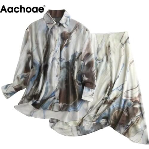 Aachoae Women 2 Piece Set Vintage Printing Fashion Turn Down Collar Loose Blouse Fashion High Waist A-Line Midi Skirt Mujer Moda