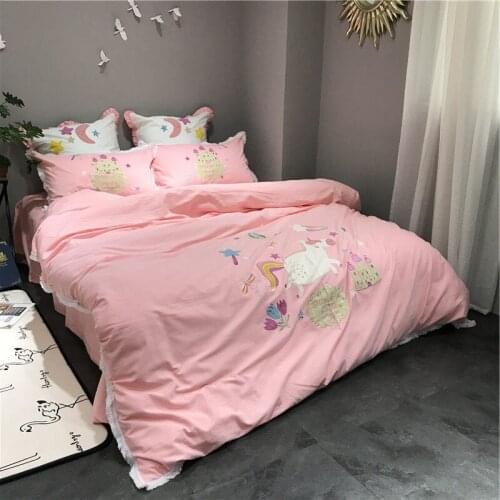 4pcs Luxury cotton bedding set pink duvet cover sets Cartoon style Embroidery Unicorn bed linen bedclothes