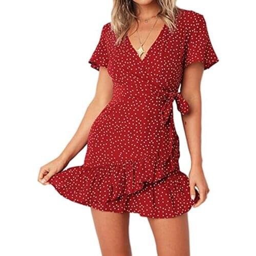 Ruffles Polka Dot Mini Dress V Neck Short Sleeve Bandage Dress Elegant Vintage Sweet Vocation Style Dresses For Women Vestidos
