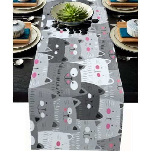 Cartoon Grey Cat Kawaii Table Runner Wedding Table Decoration Dinning Table Runners Placemat Christmas Decor Tablecloth