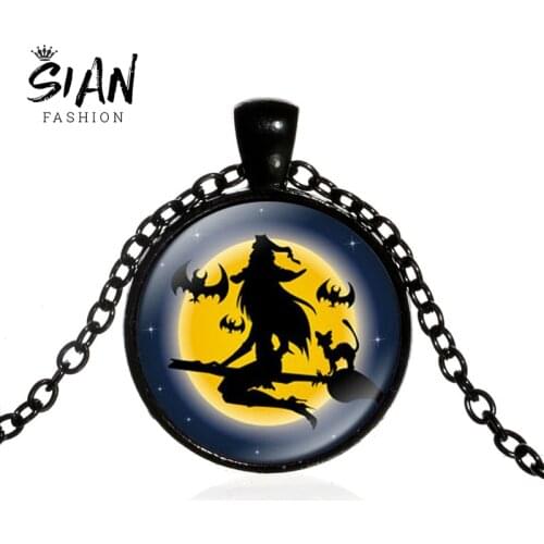 SIAN 2021 New Witch Long Necklace Gothic Cartoon Funny Printed Glass Cabochon Pendant Necklace Handicrafts Halloween Party Gifts