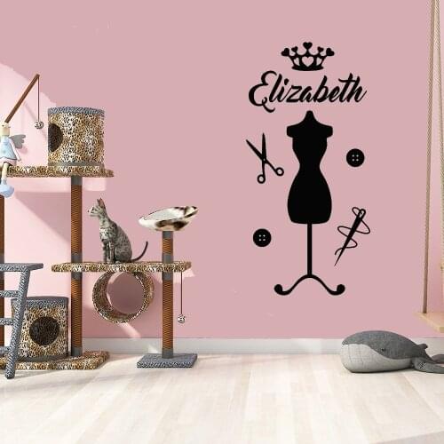 Girls Personalised Mannequin Crown Sewing Any Name Wall Decals Decal Home Door Decoration Mural Vinyl Wall Sticker ov399