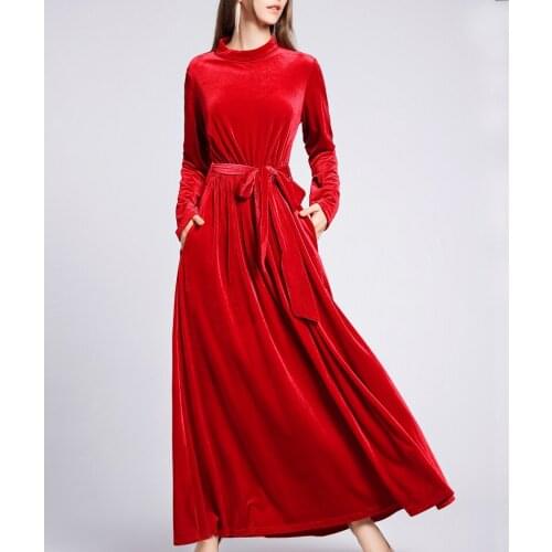Belt Maxi Dress Elegant Velvet Fashion Plus Size Party Evening Maxi Dresses Pocket Pregnant Woman Muslim Turkish Abaya Clothing