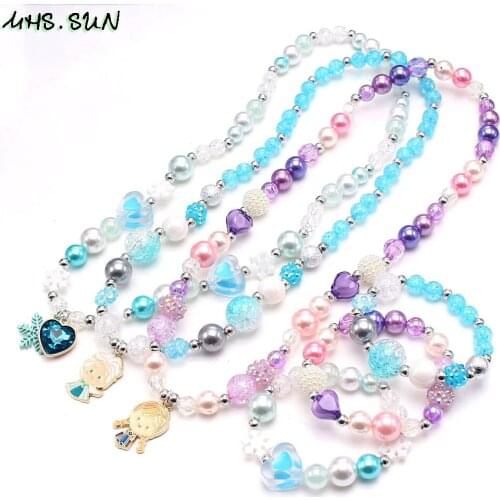 MHS.SUN 3 Sets Newest Baby Girls Fashion Princess Pendant Charm Necklace Elasitc DIY Beaded Necklace+Bracelet Jewelry Gift
