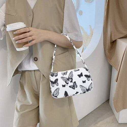 Retro Women Canvas Butterfly Printing Shoulder Underarm Bag Casual Ladies Purse Handbags Female Travel Simple Top-handle Bags
