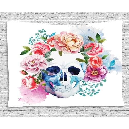 Funny Skull with Colorful Floral Head Style Dead Skeleton Graphic Art Print