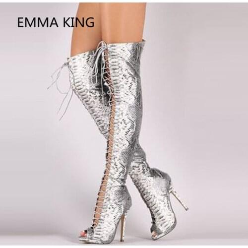 2019 New Fashion Snake Prints Women Summer Over The Knee Boots Peep Toe Cross-Tied Sexy High Heel Shoes Woman Roman Sandals Boot