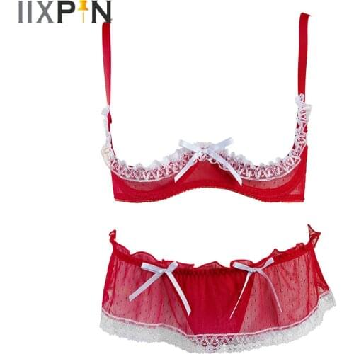 Womens Lingerie Suit Unlined Hot Open Cup Bra with Low Waist G-string Thong Panties Ladies Sexy Nightwear Hot Erotic Costume