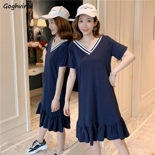 Short Sleeve Dress Women V-neck Striped Ruffle Leisure Pleated Preppy Sweet Chic Womens Simple 3XL Loose Streetwear Ulzzang New