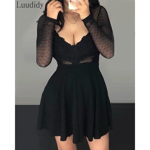 Women Sexy Dot Mesh Ruffles Long Sleeve Lace Dress