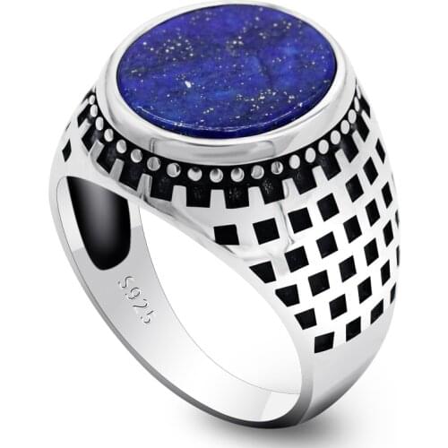 925 Sterling Silver Men Ring with Natural Blue Lapis Lazuli Stone Vintage Geometric Design Turkish Handmade Fine Jewelry as Gift
