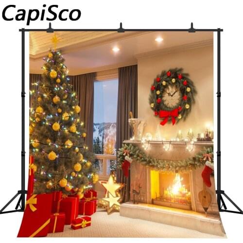 Capisco Fireplace curtain wreath Christmas tree Decor Photography Backgrounds Customized Photographic Backdrops For Photo Studio