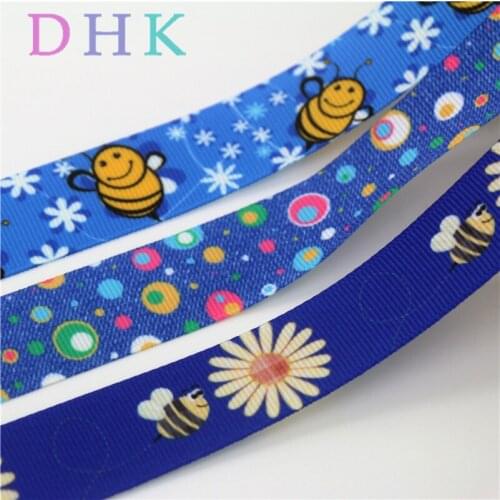DHK 50yards jean bee polka dots printed grosgrain Ribbon Accessory hairbow headwear decoration Wholesale OEM DIY S849