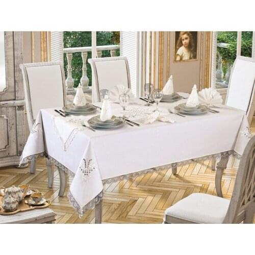 Elegant Tulip Embroidered Lacy Rectangular Tablecloth Set Cream-Cream Color Dining Table Cover-Runner-Napkin-Ring 26 Pieces