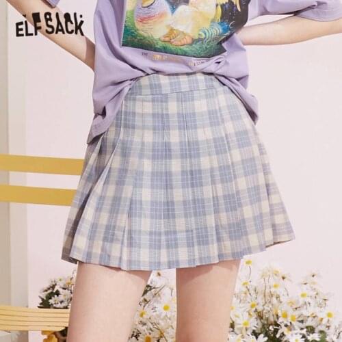 ELFSACK Plaid British High Waist Casual Women Pleated Mini Skirts,2021 Summer Vintage,Minimalist Girly Daily Preppy Bottom
