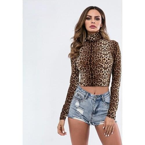 T-shirt Women Long Sleeve Turtleneck Plaid Simple Slim All-match European Style Leisure Leopard Elegant T-shirts Womens Tops