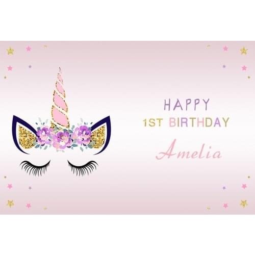 HUAYI Custom Baby Birthday Shoot Backdrop Cute Unicorn Head Shower Flowers Portrait Eyelashes Pink Background Gold Twinkle W-658