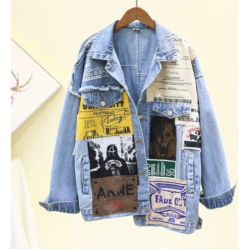 Fashion Patch Designs Denim Jacket Women Loose Long sleeve Short Washed Jeans Coat Print Streetwear Black Bomber Jacket Female