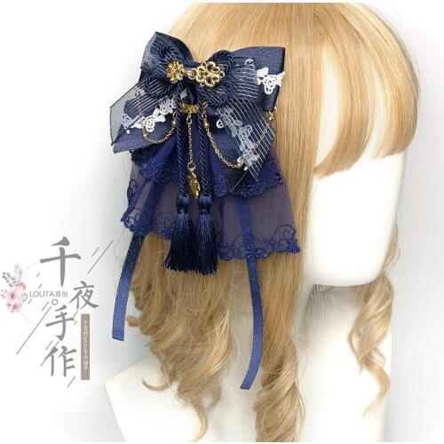 Mori Girl Classical Original Handmade Sweet lolita dark blue Chinese style hairpin Side clip Headdress Headwear Props Tea Party
