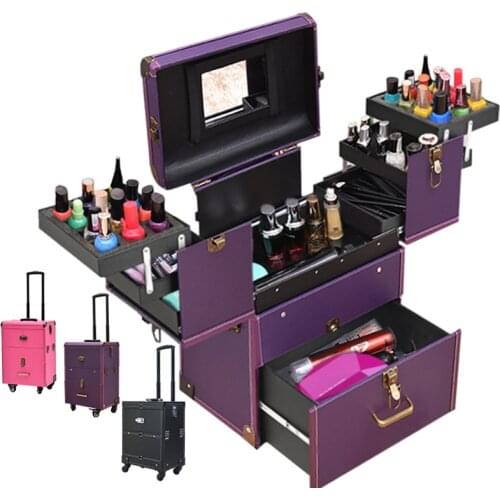 New Women Trolley Cosmetic box Suitcase on Wheels,Nails Makeup Toolbox, Multifunction Beauty Box Travel bag vs Rolling Luggage