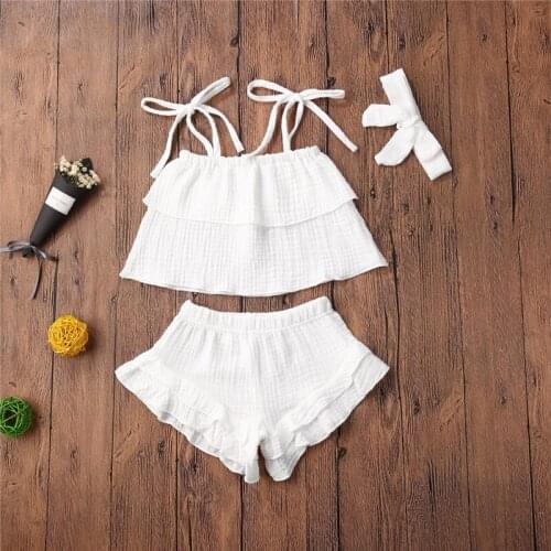 Toddler Girls Clothes Set Solid Color Sleeveless Boat Neck Cropped Tops + Ruffle Shorts + Bow-knot Headband for Summer 1-5Years
