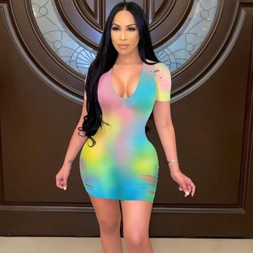 Sexy Hollow Out V Neck Summer Dress Women Clothing Tie Dye Ripped Short Sleeve Bodycon Dress Streetwear Casual Skinny Mini Dress