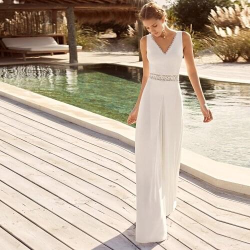 Sexy Wedding Dresses Jersey Pleat Sashes Lace V-Neck Sleeveless Backless A-Line Bridal Gowns Novia Do 2021