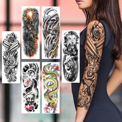 Full Arm Legs Temporary Tattoos Sticker For Women Men Realistic Fake Skull Gun Rose Large Tiger Lion Dragon Buddha Sleeve Tatoos
