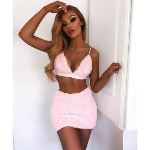 Sexy Womens Sets Faux Fur Pink Slim Bra Halter Bralette Crop Top Mini Skirt Outfits Lady Sexy Exotic Summer Two Piece Set