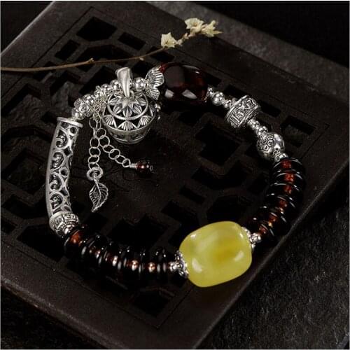 925 Sterling Silver color Leaf Tassel Luxury Natural Blood Amber Bracelets Adjustable Elastic Rope Gemstone Beading Bracelet