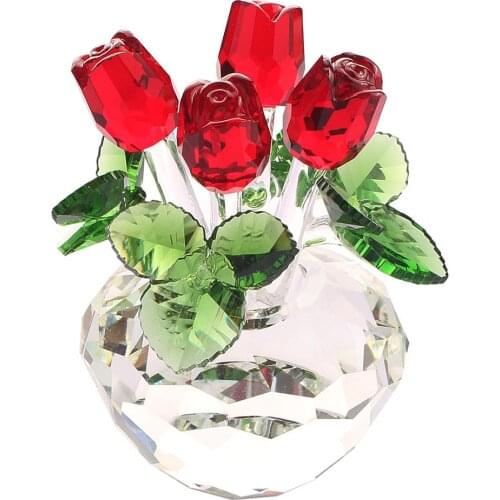 Crystal Glass Rose Spring Bouquet Flowers Figurines Ornament Paperweight with Red Gift Box Mother`s Day Christmas Wedding Gift