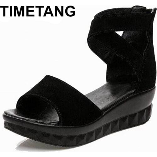 TIMETANG Women Sandals Open Toe Ladys Wedges Sandals Summer Genuine Leather Platform Shoes Plus Size 34-43